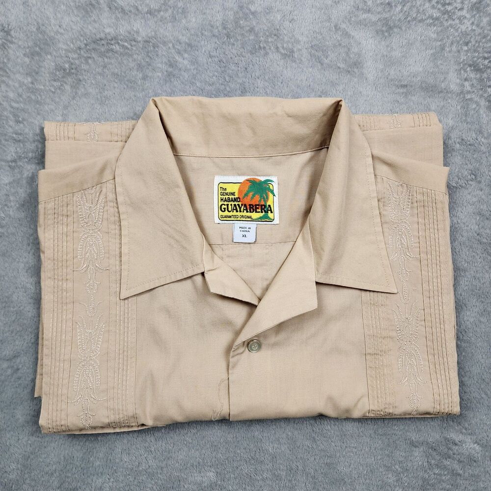 The Genuine Haband Guayabera Shirt XL Beige Embroidered Snaps 4 Pocket Cuban
